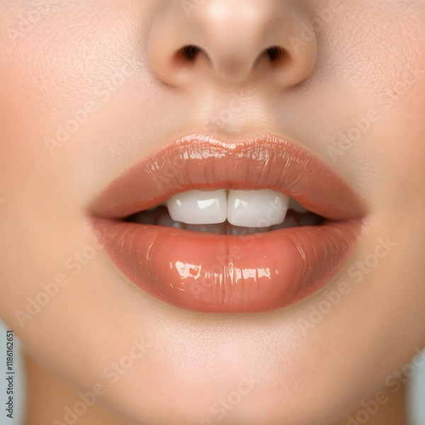 Fototapeta Close-Up of Young Woman's Beautiful Plump Lips with Nude Glossy Pink Lipstick. Generative AI.