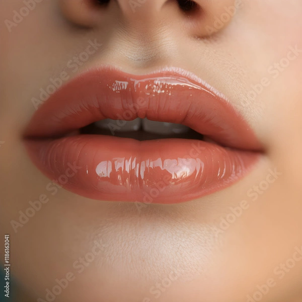 Fototapeta Close-Up of Young Woman's Beautiful Plump Lips with Nude Glossy Pink Lipstick. Generative AI.