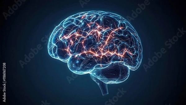 Obraz A glowing, digital representation of a human brain, showcasing neural connections and activity with a dark background.