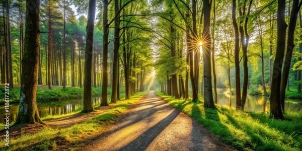 Fototapeta Sunbeams Illuminate a Serene Path Through a Lush Green Forest Beside a Calm River at Dawn