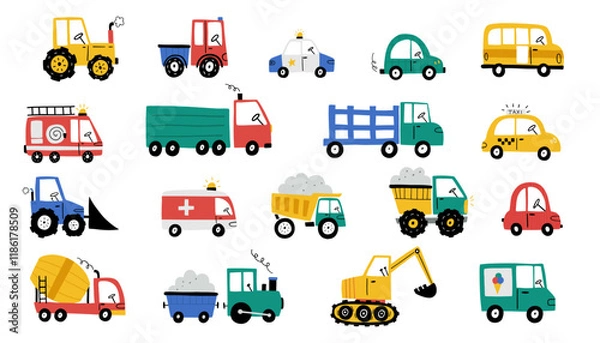 Fototapeta Set of different cute transport in flat style. Cartoon simple cars in scandinavian style. Cargo cars vector collection isolated on white background. Childish vehicle for kid's rooms