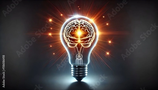 Fototapeta Glowing brain in shining lightbulb, bright idea, luminous invention, innovation creativity