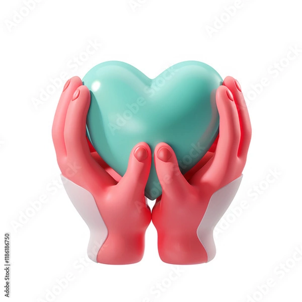 Obraz 3D icon of hands holding a heart, white background, cute cartoon style, red and turquoise color scheme, matte plastic surface material.