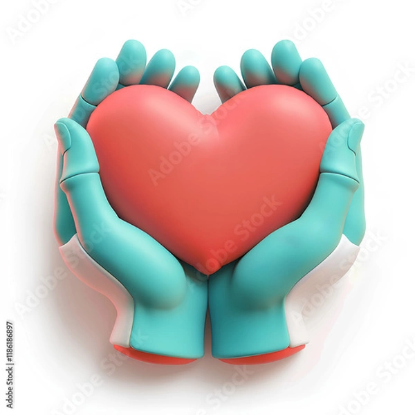 Obraz 3D icon of hands holding a heart, white background, cute cartoon style, red and turquoise color scheme, matte plastic surface material.