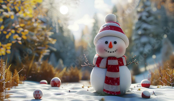 Obraz smiling snowman with a red hat and scarf, sitting on a white, blank banner in a winter landscape with trees covered in heavy snow. Cartoon style