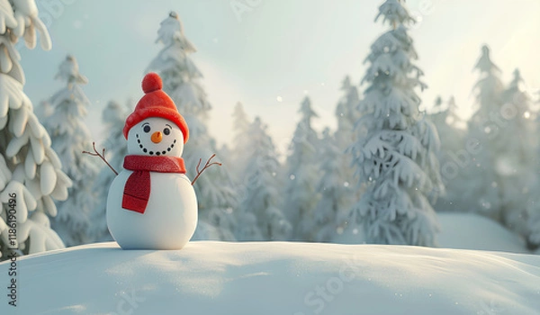 Obraz smiling snowman with a red hat and scarf, sitting on a white, blank banner in a winter landscape with trees covered in heavy snow. Cartoon style