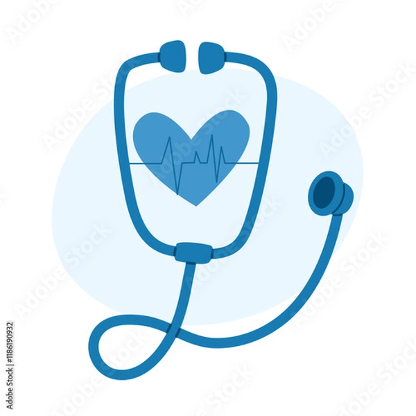 Fototapeta Heart with a stethoscope and heartbeat line. Medical, cardiology, and heart health checkup concept