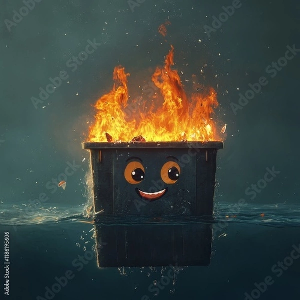 Fototapeta Burning Dumpster with Happy Face in Water