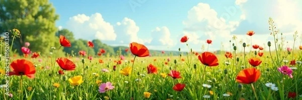 Fototapeta Blooming wildflowers in a field of tall grass, grass, poppies
