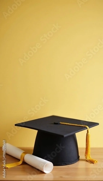 Obraz Simple graduation scene with beige wall and gold cap on wooden table, diploma, graduation