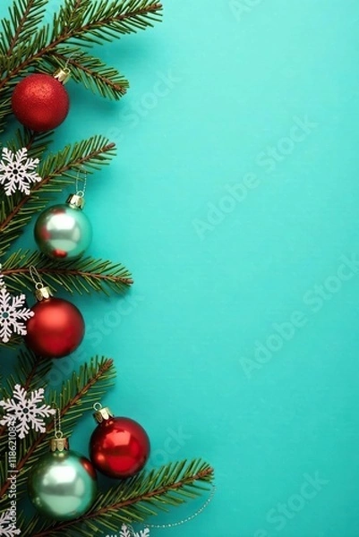 Fototapeta Decorated Christmas tree branches with ornaments and snowflakes on turquoise background, festive, decorations