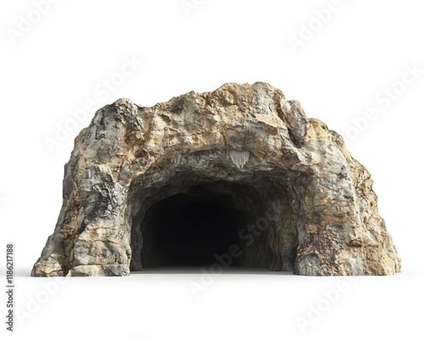 Obraz Elevated front view of a cave entrance on a white background, showing the depth.