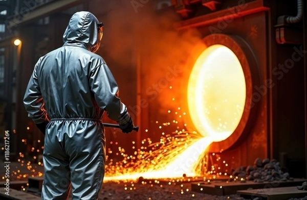 Obraz Worker in aluminized suit observes hot molten iron pouring from furnace. Sparks fly. Heavy industrial production in foundry. Molten metal flows from crucible. High heat, intense activity. Steel