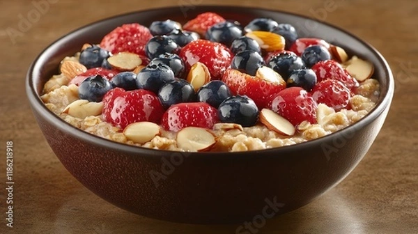 Fototapeta  Bowl of oatmeal topped with fresh berries and nuts with a drizzle of honey, offering a healthy, wholesome breakfast option packed with natural flavors and nutrients.