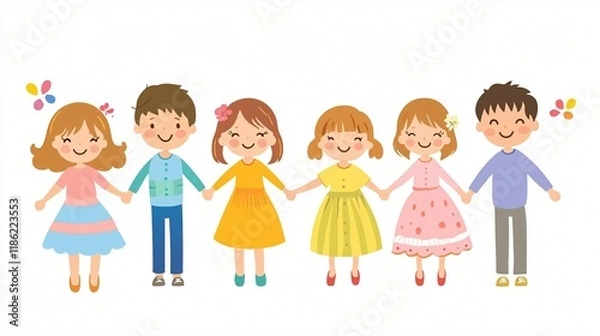 Fototapeta Happy Diverse Group of Smiling Children Holding Hands Friendship Teamwork Illustration