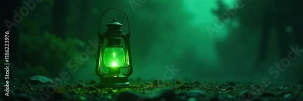 Obraz Lantern with soft green light in the darkness, light, dark