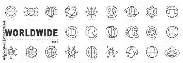 Fototapeta Set of worldwide related line icons. Globe, network, earth etc. Editable stroke.