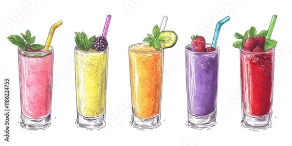 Fototapeta Colorful fruit smoothies five glasses lined up vibrant colors