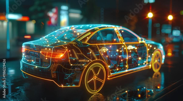 Obraz car with an intricate network of digital connections, representing the complexity and scale of artificial intelligence in vehicle technology on dark background