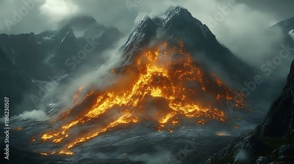Fototapeta Fiery Eruption On A Misty Mountain Peak