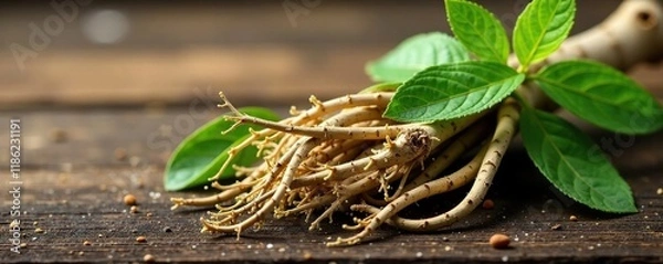 Obraz Ashwagandha roots and leaves entwined on a wooden background, nature, earthy