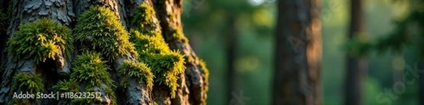 Fototapeta Moss and lichen on the bark of an ancient pine tree, bark, textures, rugged