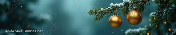 Fototapeta Dark branch of fir with golden ornaments hanging in frosty air, evergreen, frost