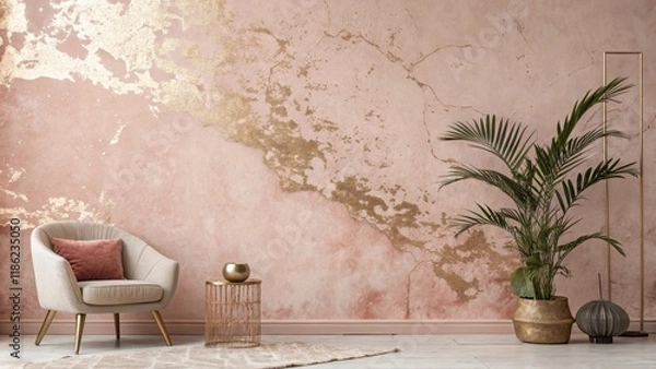 Fototapeta Pink Gold Textured Wall Interior Design, Armchair, Plant, gold Interior design, home decor
