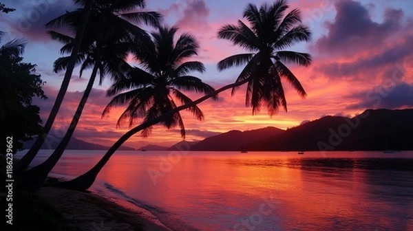 Fototapeta "Idyllic Paradise Landscape with Lush Greenery, Crystal-Clear Waterfalls, and Vibrant Tropical Flowers – A Tranquil Escape"

