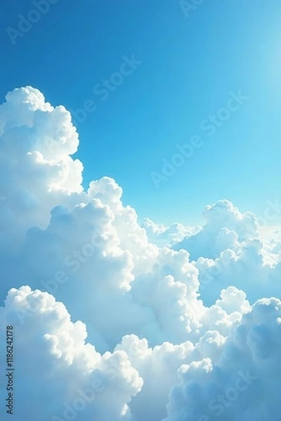 Fototapeta Soft blue sky with fluffy white clouds drifting lazily across the horizon, landscape, nature, clouds