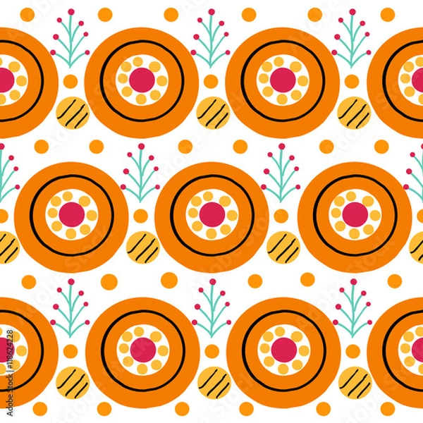 Fototapeta Seamless stripe pattern with cock in Russian Dymkovo style. Vector illustration.