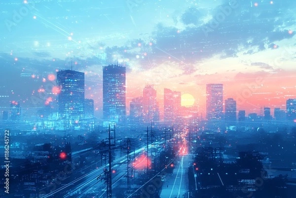 Fototapeta New Delhi city in the future. skyline of skyscrapers and the digital data stream connecting buildings, smart development