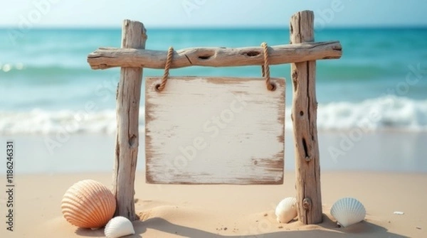 Obraz Weathered Driftwood Sign on Beach Post