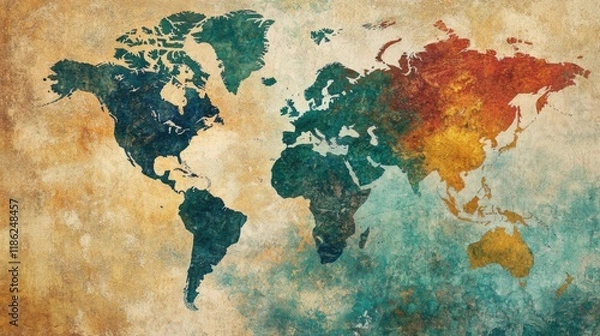 Fototapeta Vintage World Map with Textured Earth Tones in Green, Blue, and Earthy Brown, Featuring a Large Empty Space for Text Integration