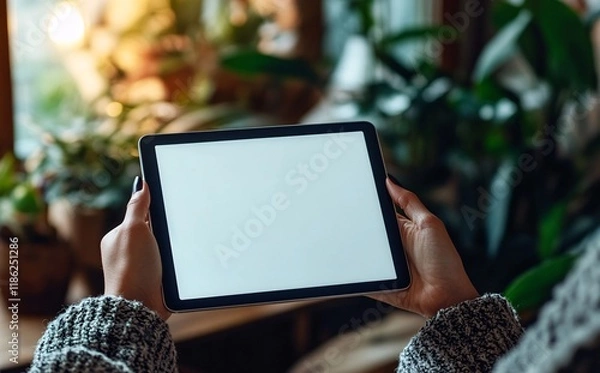 Fototapeta person using blank white screen digital tablet, mock up template