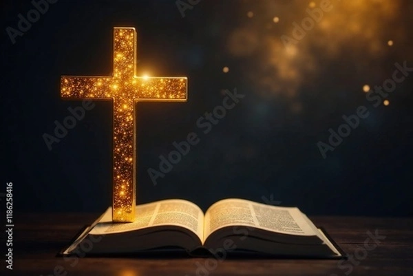 Fototapeta Golden cross with Bible radiating light on dark background, Holy, Cross