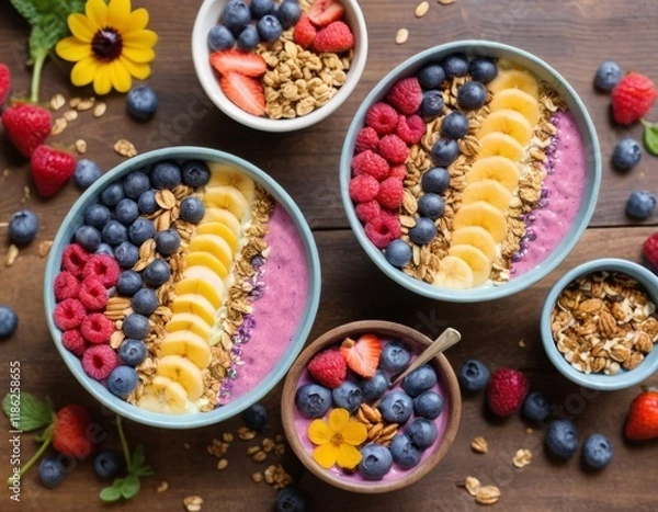 Fototapeta Delicious and Colorful Berry Breakfast Smoothie Bowls with Granola