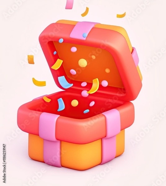 Fototapeta  High-definition 3D rendering of an open gift box with a ribbon, surrounded by confetti, in a vibrant red and pink color palette, cartoon style, isolated on white.  