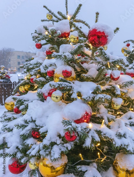 Obraz A festive scene of snow-covered Christmas trees adorned with shiny red and gold ornaments, capturing the essence of a winter wonderland during holiday season.