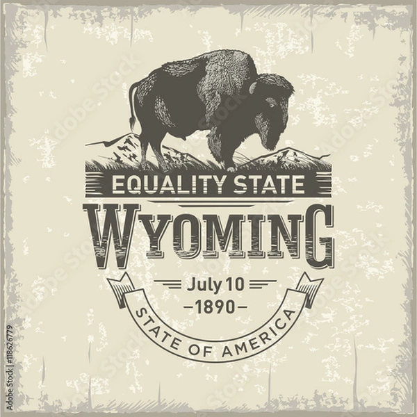 Obraz Вайоминг, стилизованная эмблема штата Америки, Бизон, винтаж