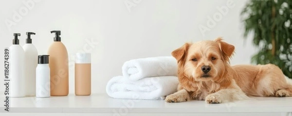 Fototapeta A cozy dog rests beside grooming products and towels, creating a serene atmosphere for pet care and pampering.