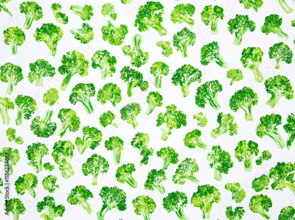 Obraz Numerous green broccoli illustrations are arranged uniformly on a white background, highlighting the intricate details of each piece, creating a lively and fresh aesthetic suitable for culinary themes
