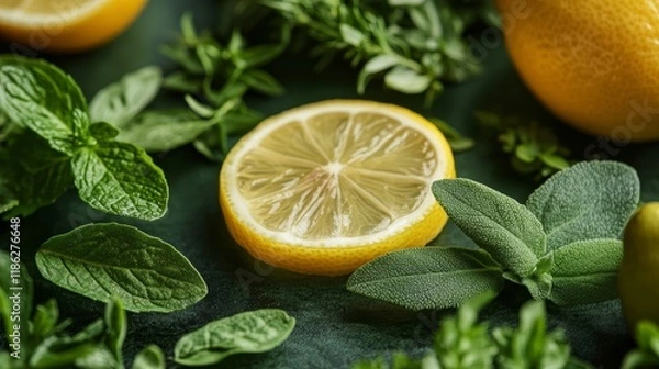 Fototapeta Fresh herbs and lemon slices casually arranged on a clean surface, creating a natural and refreshing look. Perfect for culinary, healthy lifestyle, and organic food themes.