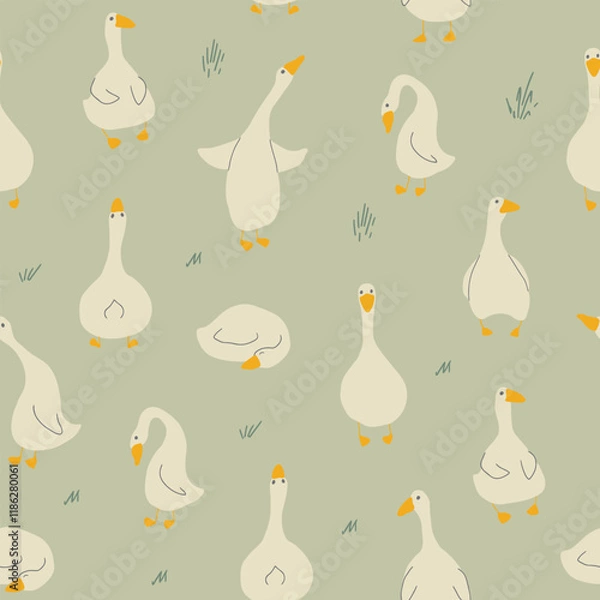 Fototapeta Goose Seamless Pattern. Cute Cartoon geese, Vector Illustration Background.
