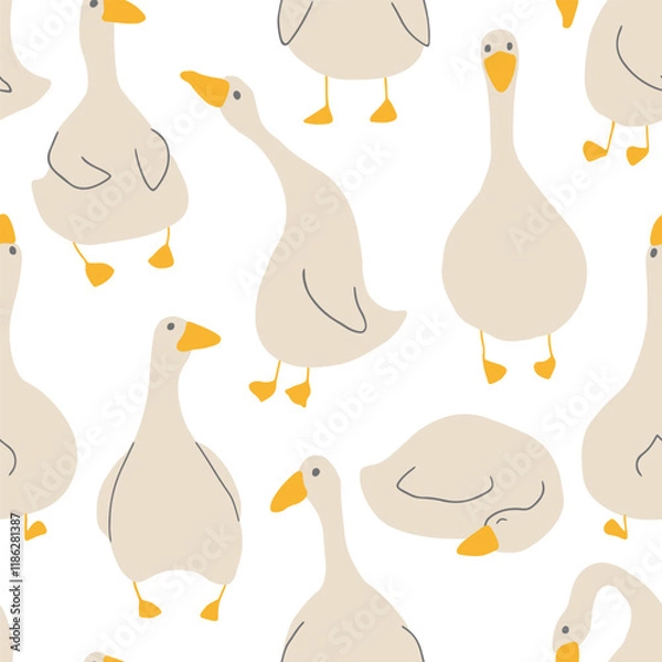 Fototapeta Goose Seamless Pattern. Cute Cartoon geese, Vector Illustration Background.
