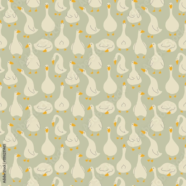 Fototapeta Goose Seamless Pattern. Cute Cartoon geese, Vector Illustration Background.