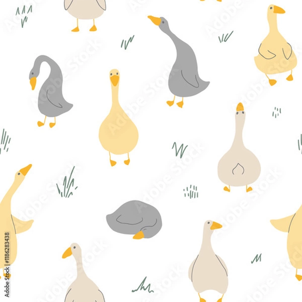 Fototapeta Goose Seamless Pattern. Cute Cartoon geese, Vector Illustration Background.