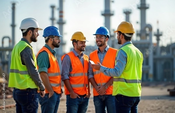 Obraz Group of diverse petroleum engineers discuss at oil refinery. Engineers wear safety vests, hard hats. In meeting brainstorm session. Discussion might relate to construction plans progress. Appear to