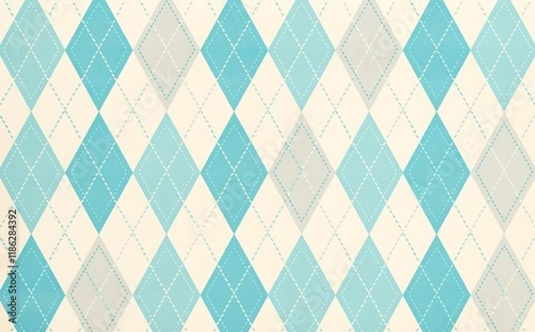 Fototapeta Seamless diamond argyle check pattern in blue and white with dotted red stitch. Vector geometric diamonds background. Fabric texture print for clothing, wrapping paper, decor