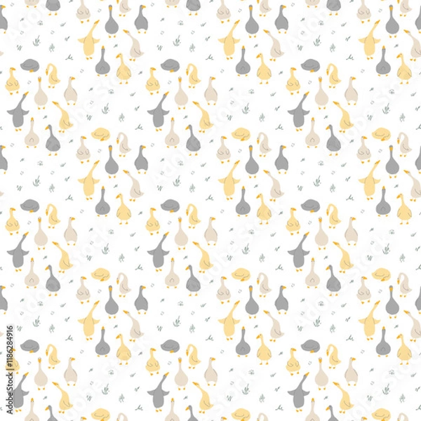 Fototapeta Goose Seamless Pattern. Cute Cartoon geese, Vector Illustration Background.